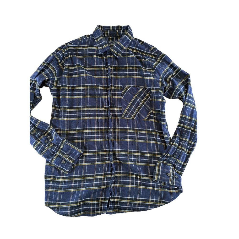 Jackson‎ Hole Mens Blue Yellow Plaid Flannel Shirt Small 100% Cotton Button Down